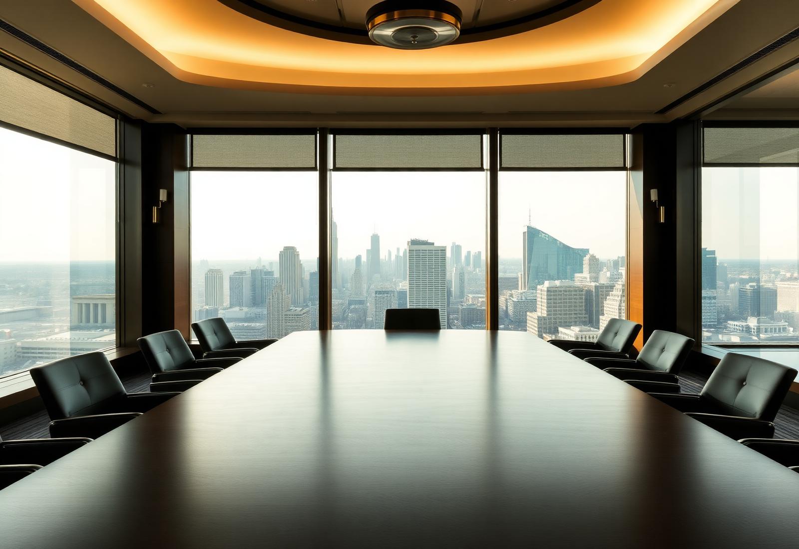 Executive boardroom overlooking a city skyline